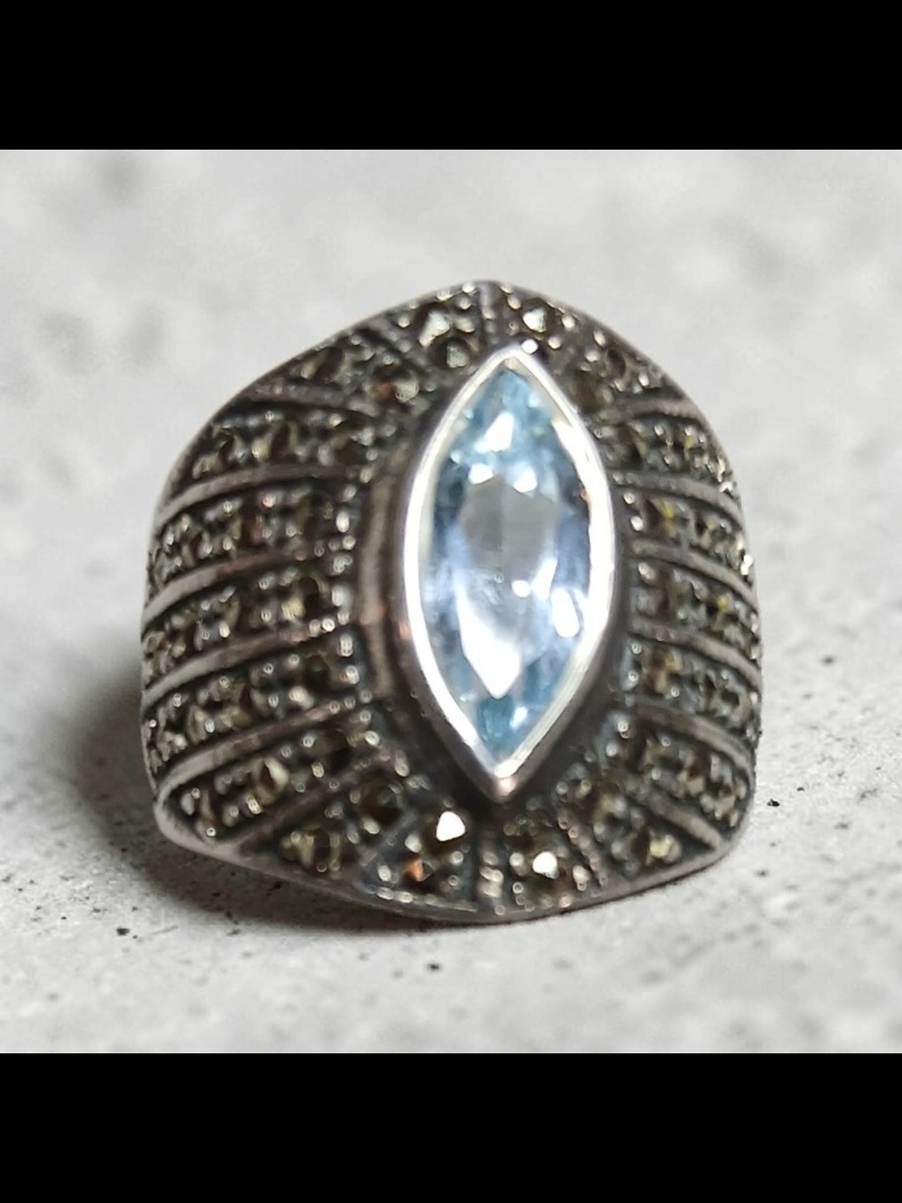 Sterling Silver Marquise Blue Topaz Ring with Marcasite Accents